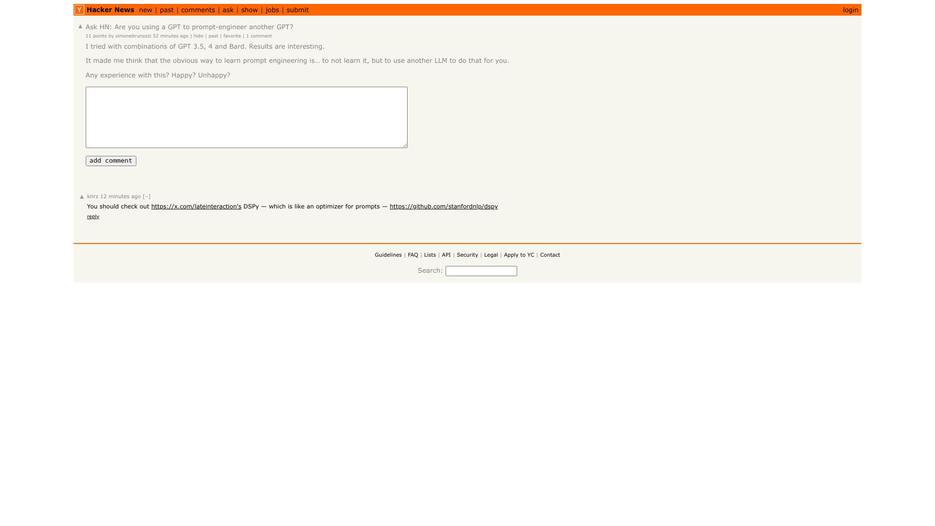 Screenshot of this Hacker News post: Ask HN: Are you using a GPT to prompt-engineer another GPT?