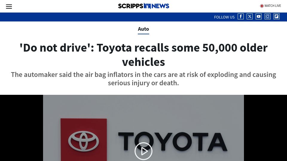 Screenshot of scrippsnews.com: 'Do not drive': Toyota recalls some 50k older vehicles