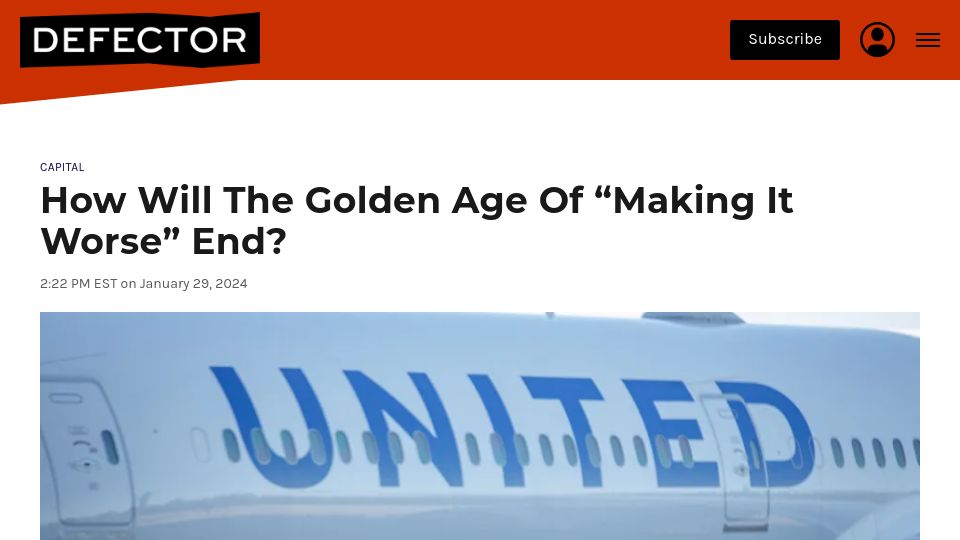 Screenshot of defector.com: How Will the Golden Age of "Making It Worse" End?