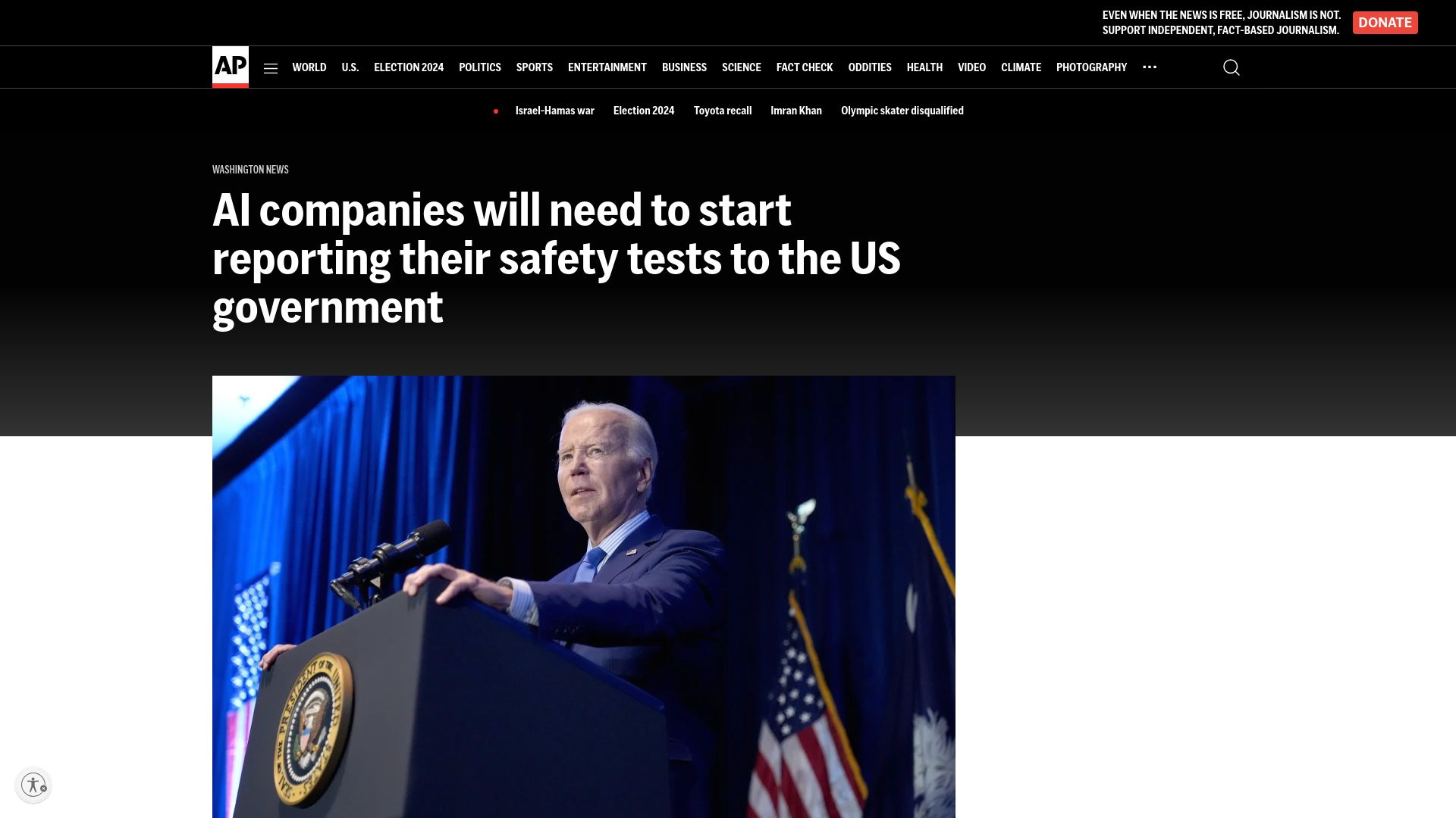 Screenshot of apnews.com: AI companies will need to report their safety tests to the US government