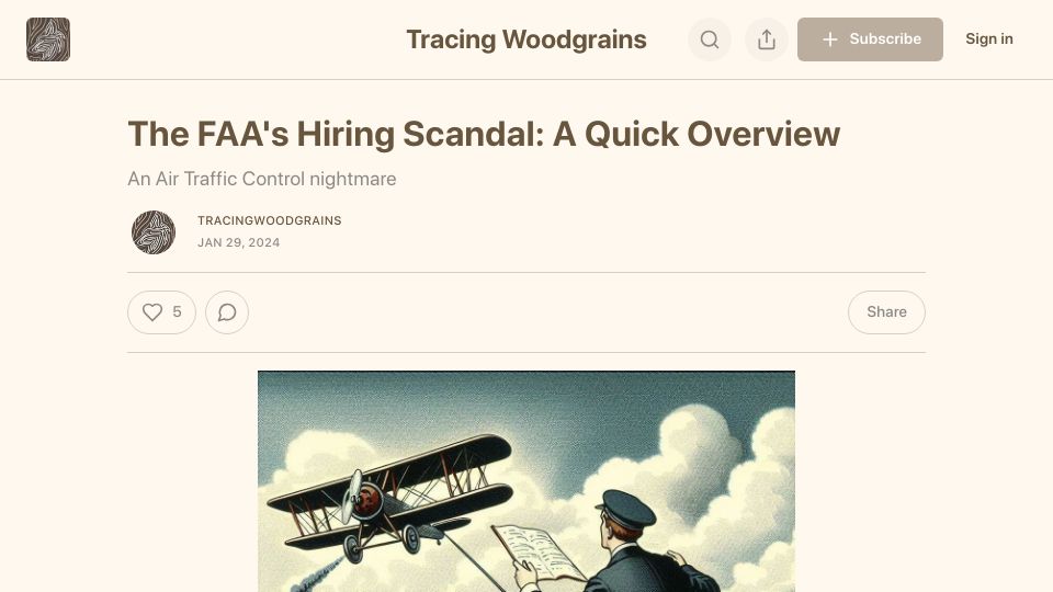 Screenshot of tracingwoodgrains.com: The FAA's Hiring Scandal: A Quick Overview