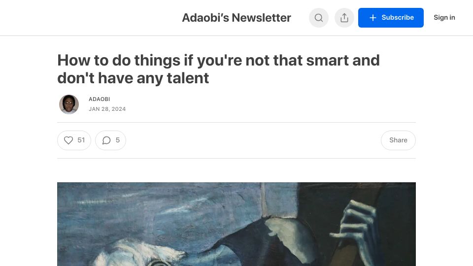 Screenshot of adaobi.substack.com: How to do things if you're not that smart and don't have any talent