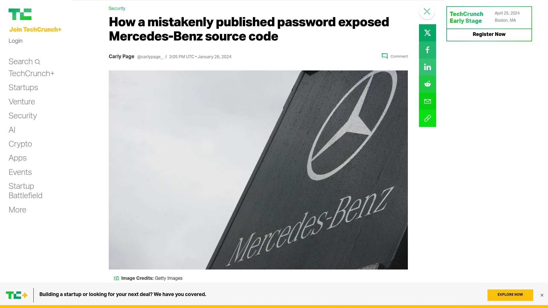 Screenshot of techcrunch.com: A mistakenly published password exposed Mercedes-Benz source code