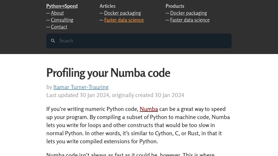 Screenshot of pythonspeed.com: Profiling your Numba code