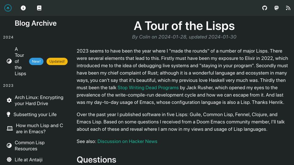 Screenshot of fosskers.ca: A Tour of the Lisps