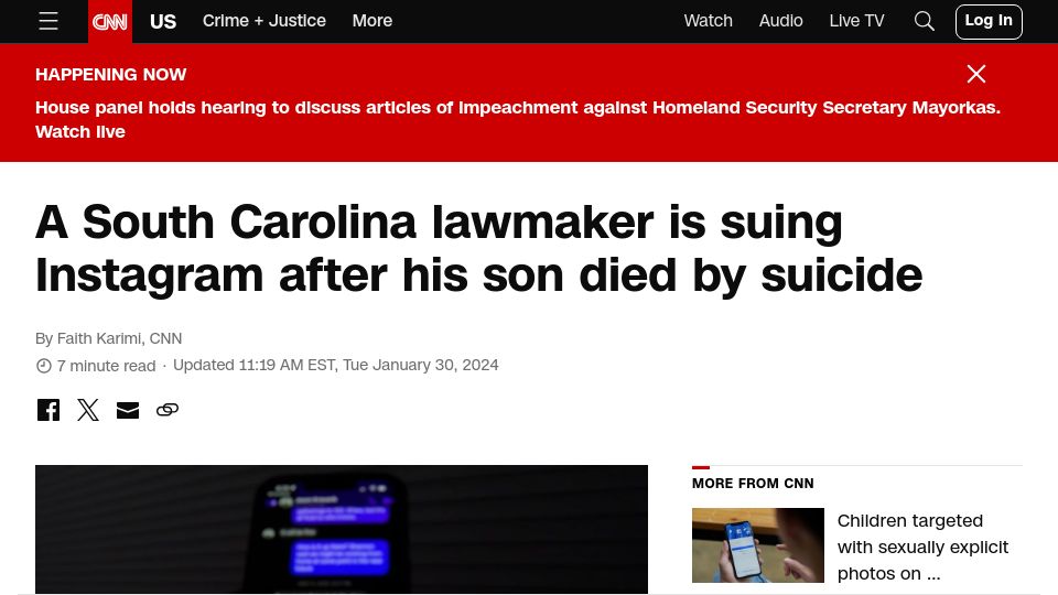 Screenshot of cnn.com: A South Carolina lawmaker is suing Instagram after his son died by suicide