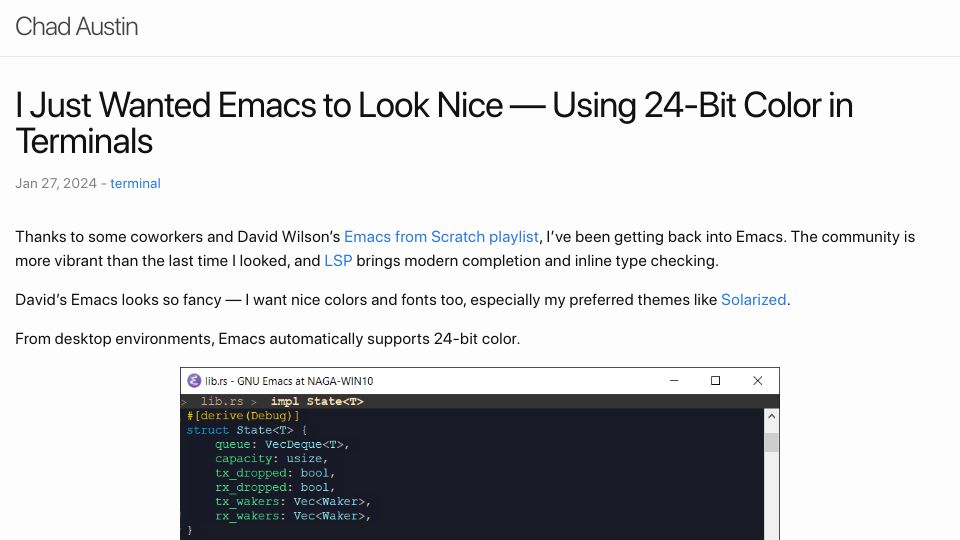 Screenshot of chadaustin.me: I just wanted Emacs to look nice – Using 24-bit color in terminals