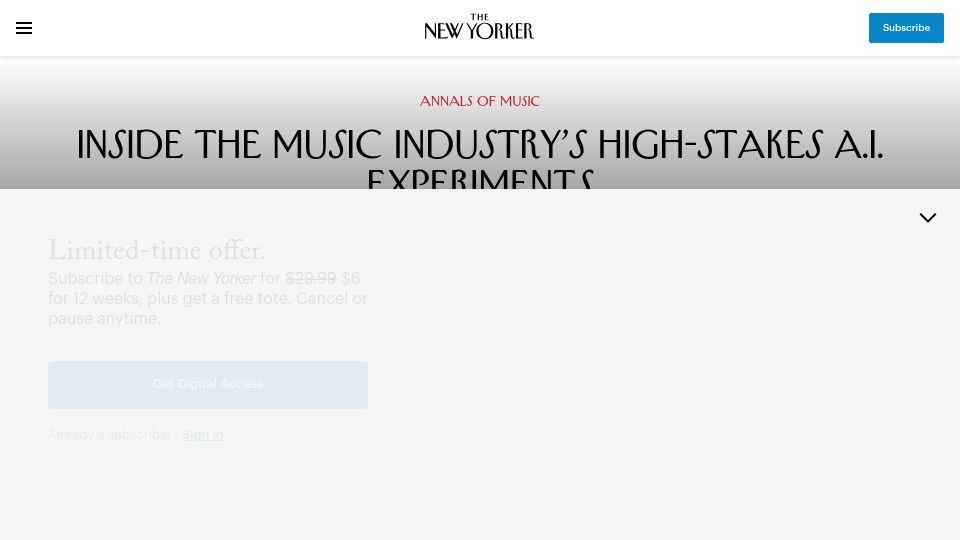 Screenshot of newyorker.com: The music industry's A.I. experiments