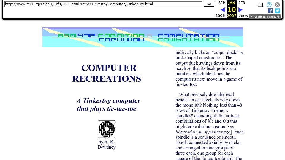 Screenshot of web.archive.org: A Tinkertoy computer that plays tic-tac-toe (1989)