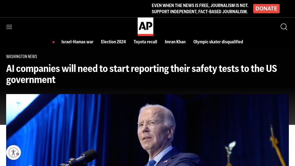 Screenshot of apnews.com: AI companies will need to report their safety tests to the US government