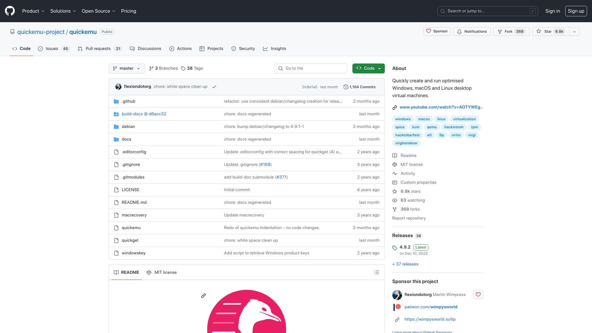 Screenshot of github.com: Quickemu: Quickly run optimised Windows, macOS and Linux virtual machines