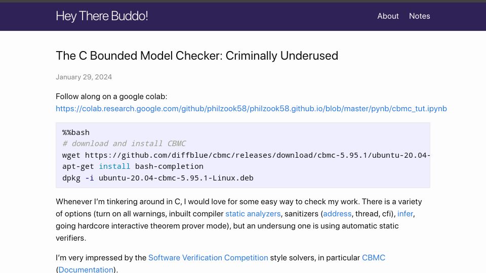 Screenshot of philipzucker.com: The C bounded model checker: criminally underused