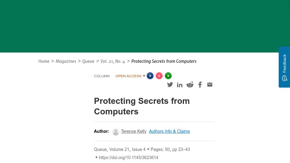 Screenshot of dl.acm.org: Protecting Secrets from Computers (2023)