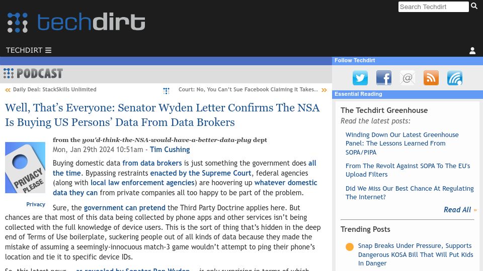 Screenshot of techdirt.com: Senator Wyden Letter Confirms NSA Is Buying US Persons' Data from Data Brokers