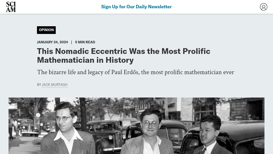 Screenshot of scientificamerican.com: Paul Erdős, the most prolific mathematician