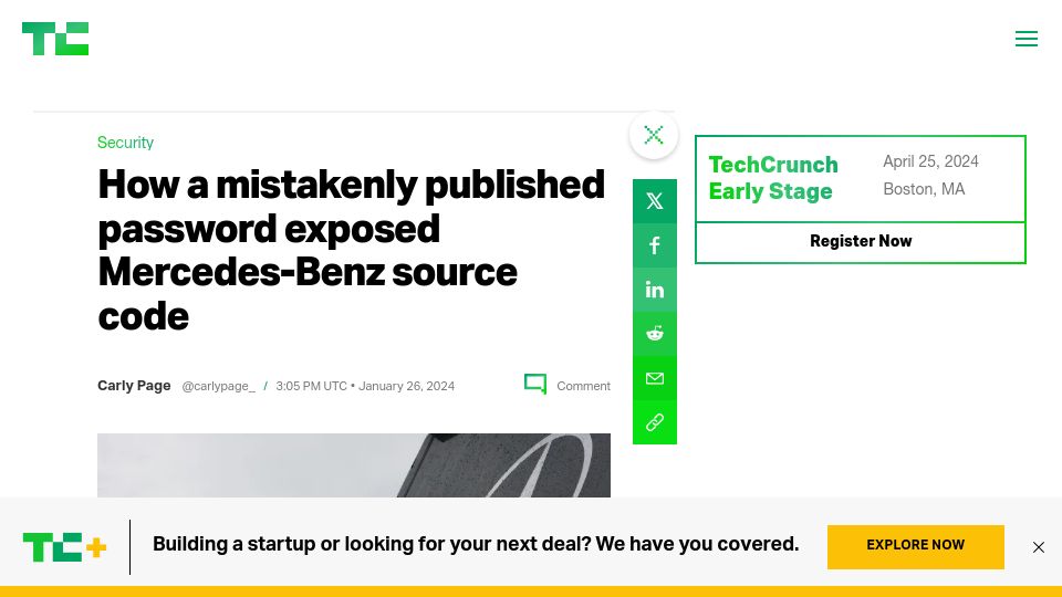 Screenshot of techcrunch.com: A mistakenly published password exposed Mercedes-Benz source code