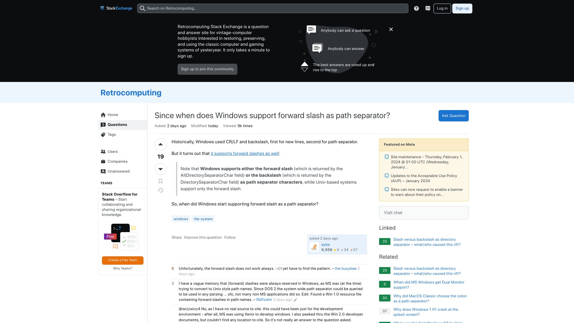 Screenshot of retrocomputing.stackexchange.com: Since when does Windows support forward slash as path separator?
