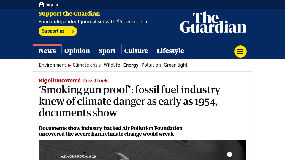 Screenshot of theguardian.com: ''Smoking gun proof'': fossil fuel industry knew of climate danger by 1954