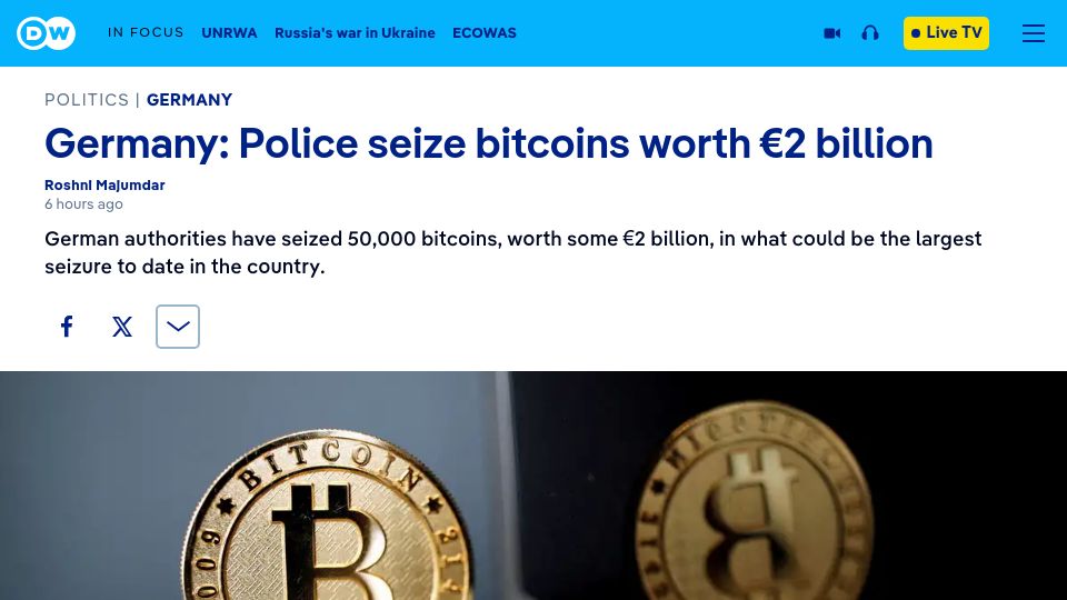 Screenshot of dw.com: Germany: Police seize bitcoins worth €2B