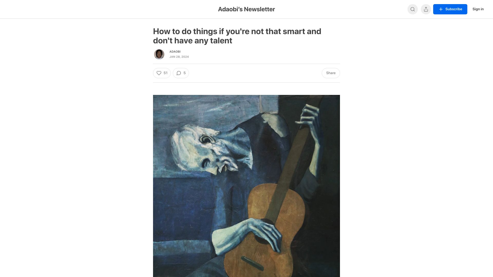 Screenshot of adaobi.substack.com: How to do things if you're not that smart and don't have any talent