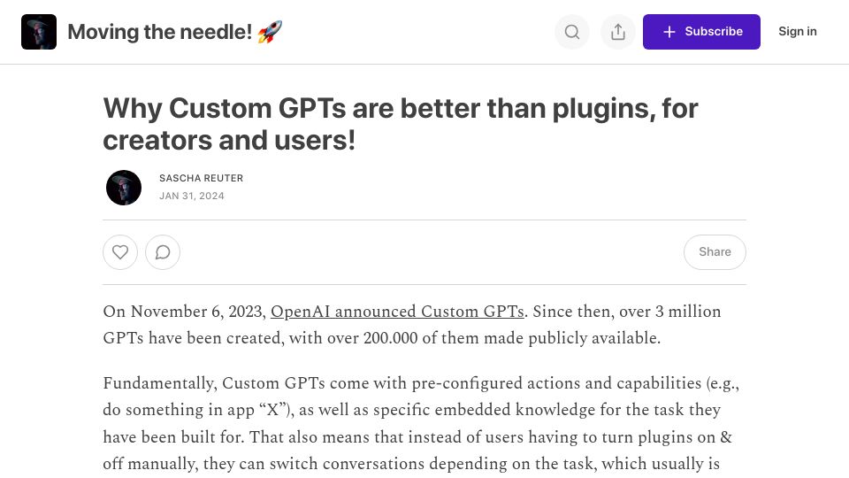 Screenshot of moveit.substack.com: Why Custom GPTs are better than plugins