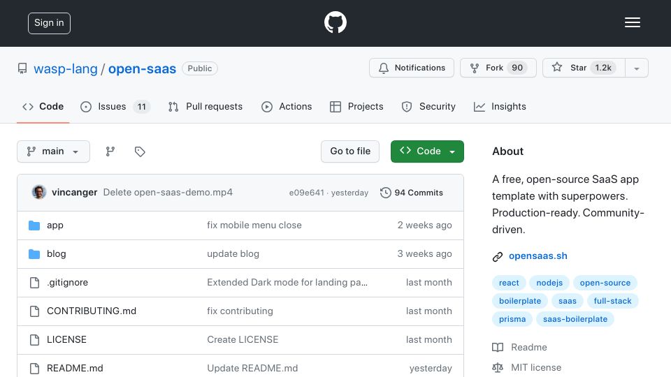 Screenshot of github.com: Show HN: Open SaaS – An open-source alternative to paid boilerplate starters