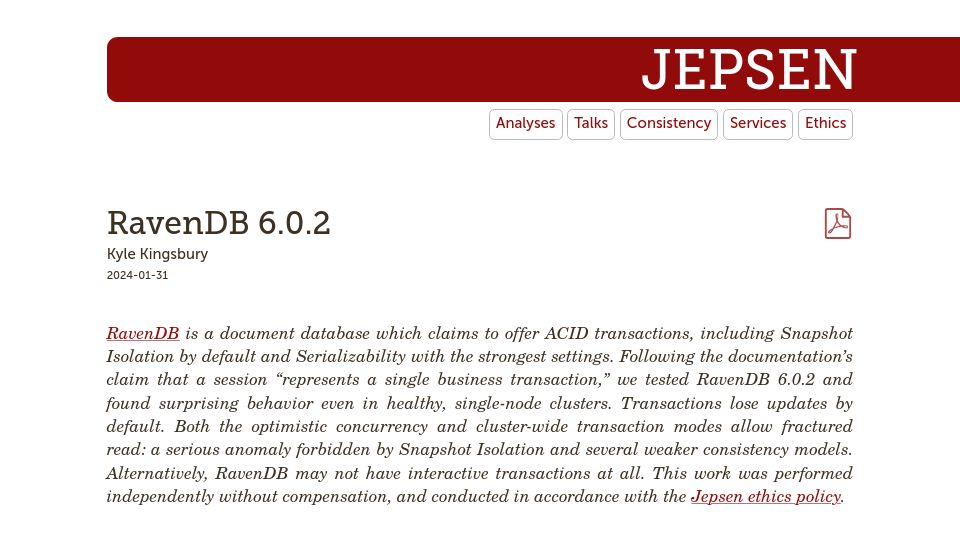 Screenshot of jepsen.io: RavenDB 6.0.2 (A Jepsen Report)