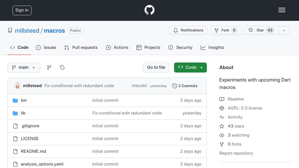Screenshot of github.com: Dart/Flutter now has macros/metaprogramming