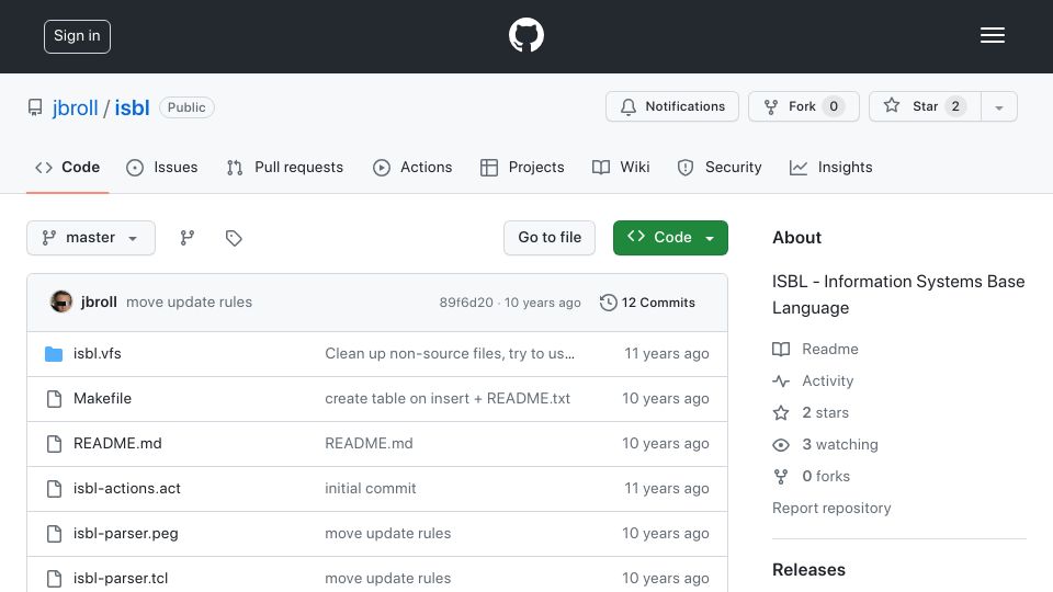 Screenshot of github.com: ISBL: Information Systems Base Language Implemented in Tcl