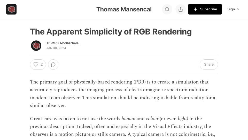 Screenshot of thomasmansencal.substack.com: The Apparent Simplicity of RGB Rendering