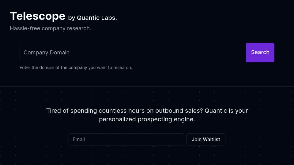 Screenshot of scope.quantichq.com: Show HN: Telescope – Hassle-free company research