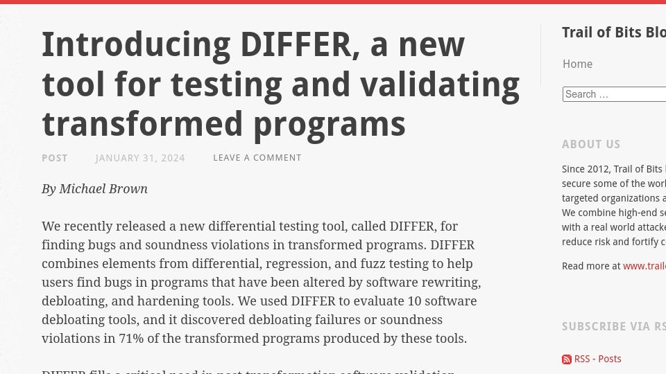 Screenshot of blog.trailofbits.com: Differ: Tool for testing and validating transformed programs