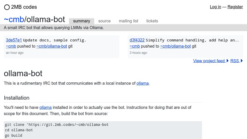 Screenshot of 2mb.codes: Show HN: Some blind hackers are bridging IRC to LMMs running locally
