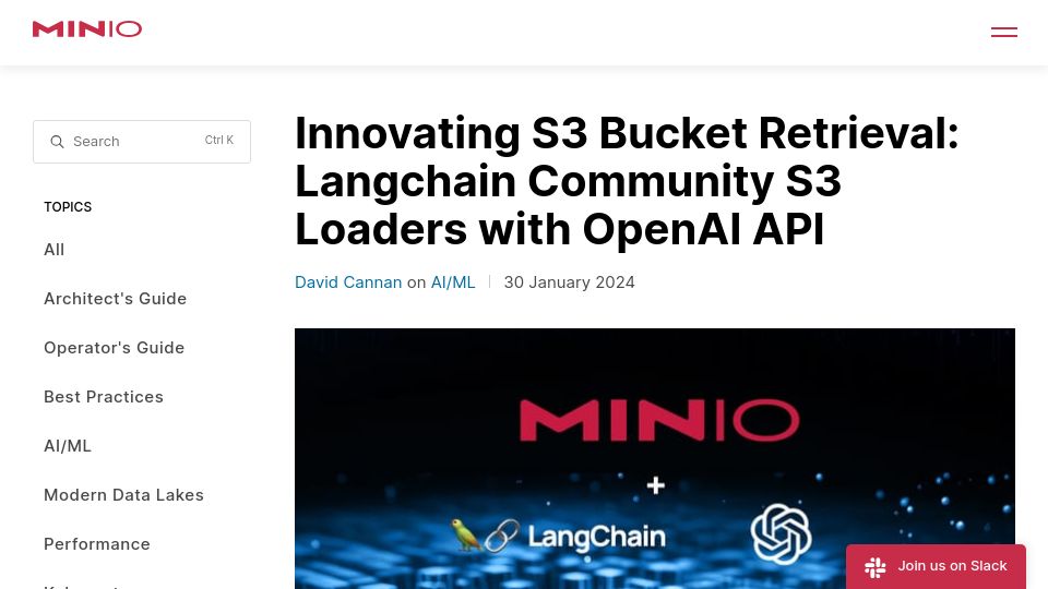 Screenshot of blog.min.io: Innovating S3 Bucket Retrieval: LangChain Community S3 Loaders with OpenAI API