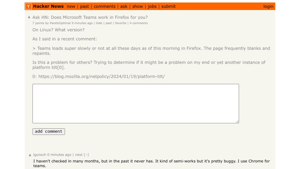 Screenshot of Hacker News post: Ask HN: Does Microsoft Teams work in Firefox for you?