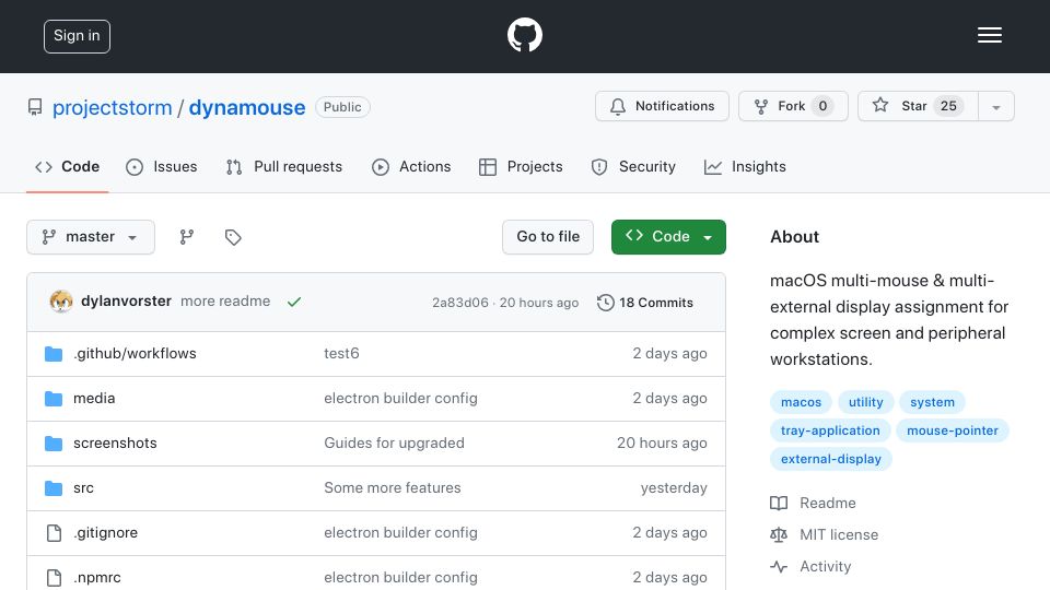 Screenshot of github.com: Dynamouse: Mouse driver for Mac studios