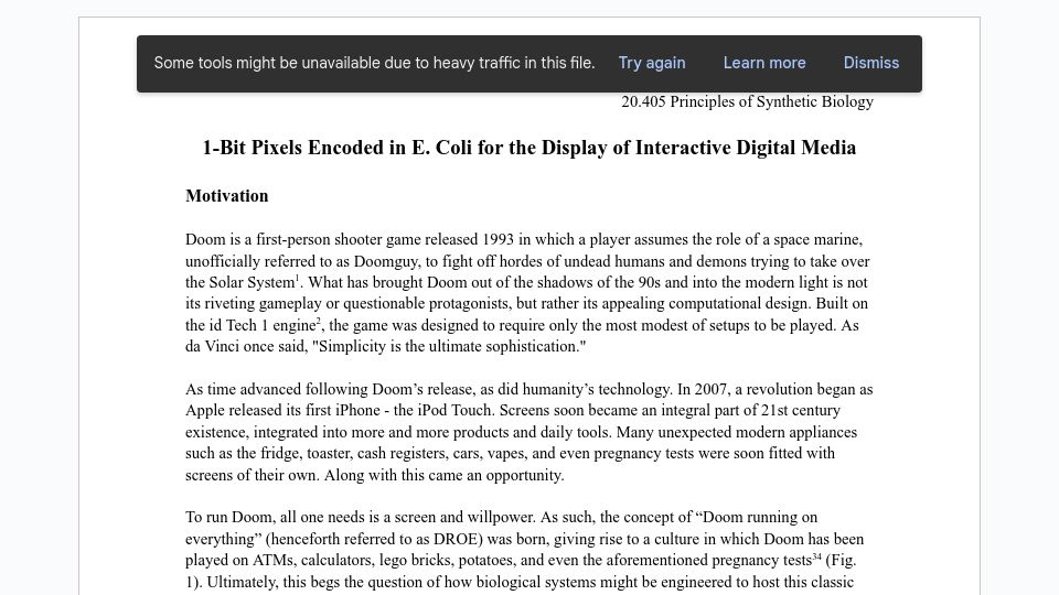 Screenshot of docs.google.com: 1-Bit Pixels Encoded in E. Coli for the Display of Interactive Digital Media