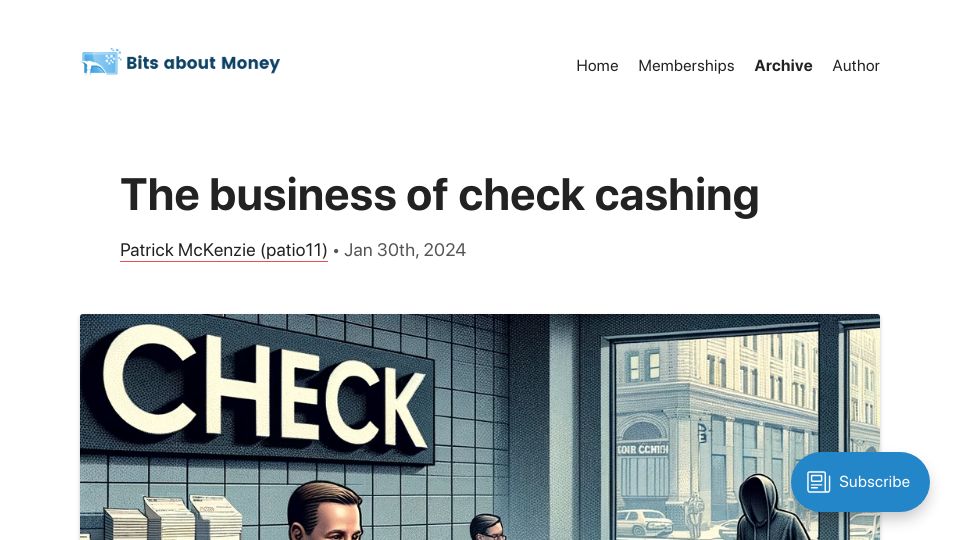 Screenshot of bitsaboutmoney.com: The business of check cashing
