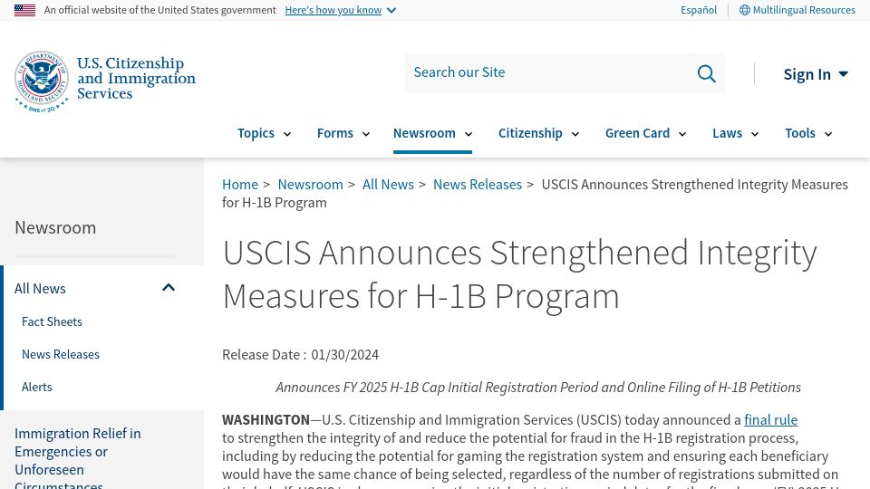 Screenshot of uscis.gov: USCIS announces strengthened integrity measures for H-1B program