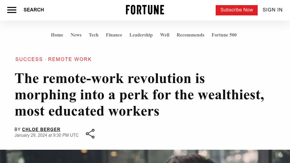 Screenshot of fortune.com: Remote work morphs into elite status symbol for wealthy, college-educated