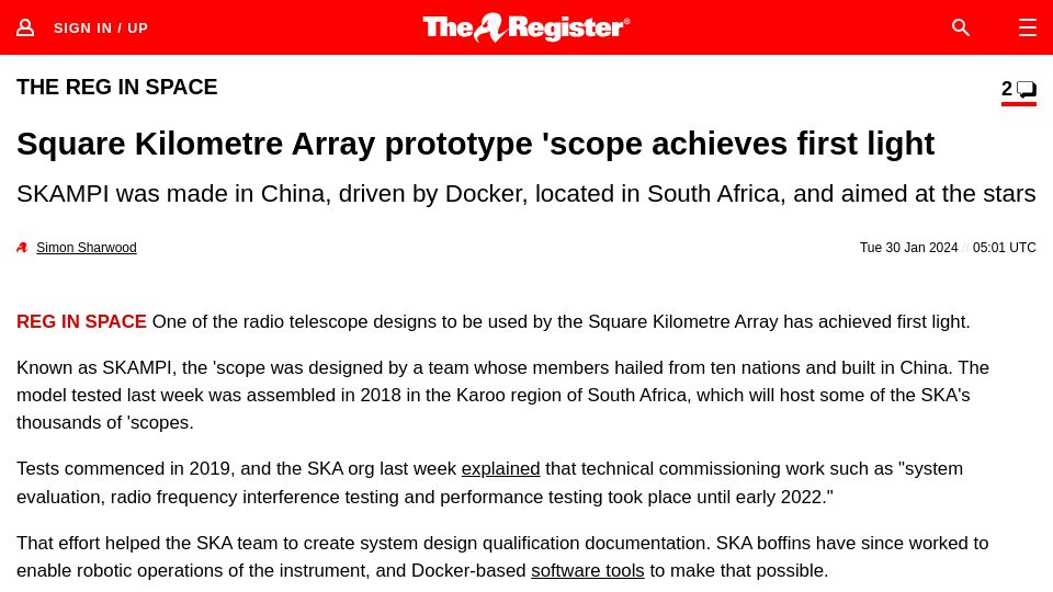 Screenshot of theregister.com: Square Kilometre Array prototype 'scope achieves first light