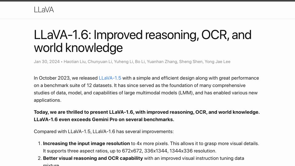 Screenshot of llava-vl.github.io: LLaVA-1.6: Improved reasoning, OCR, and world knowledge