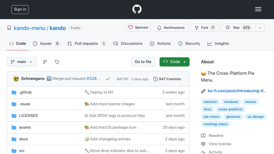 Screenshot of github.com: Kando: The Cross-Platform Pie Menu