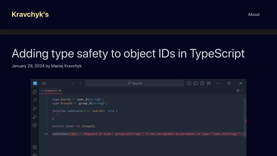 Screenshot of kravchyk.com: Adding type safety to object IDs in TypeScript