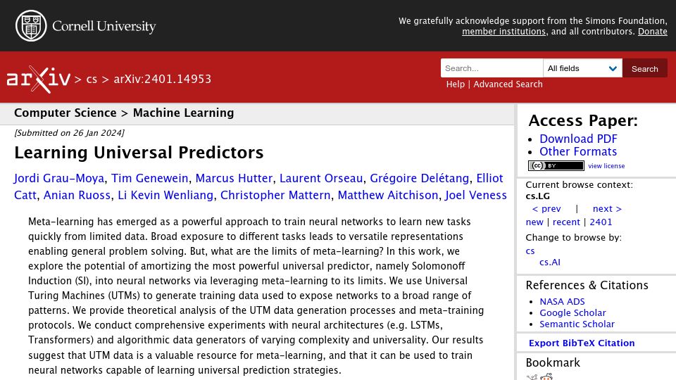 Screenshot of arxiv.org: Learning Universal Predictors