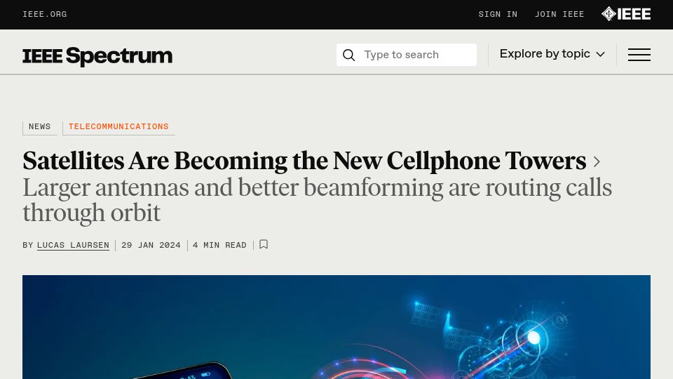 Screenshot of spectrum.ieee.org: Satellites Are Becoming the New Cellphone Towers