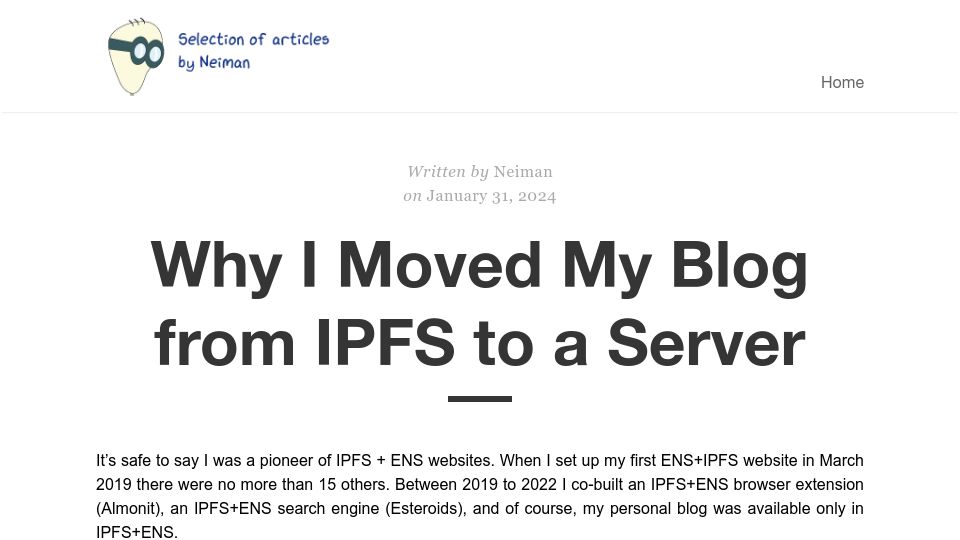 Screenshot of neimanslab.org: I moved my blog from IPFS to a server