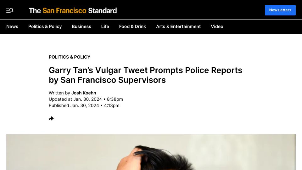 Screenshot of sfstandard.com: Garry Tan's vulgar tweet prompts reports by supervisors to SFPD