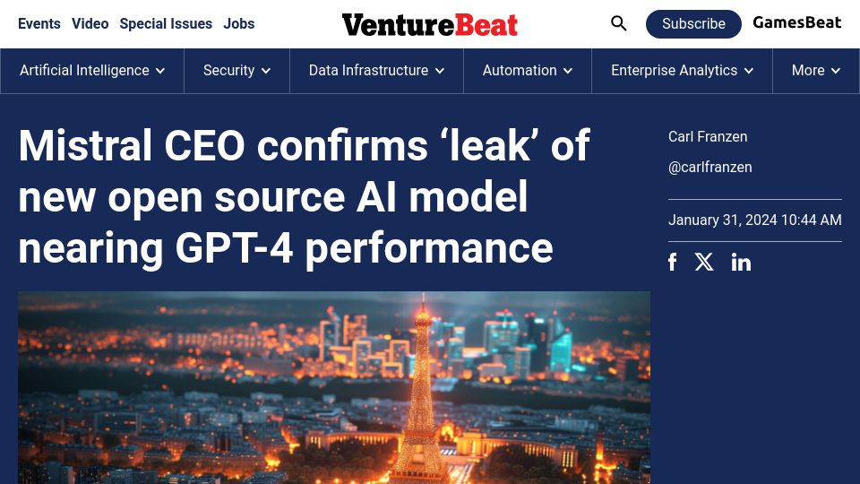 Screenshot of venturebeat.com: Mistral CEO confirms 'leak' of new open source AI model nearing GPT4 performance