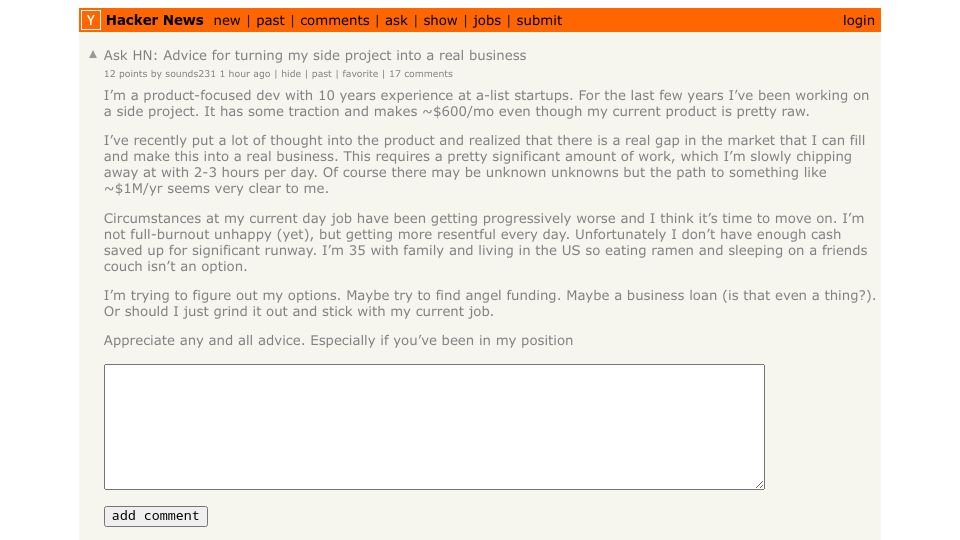 Screenshot of Hacker News post: Ask HN: Advice for turning my side project into a real business